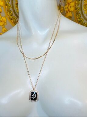 P initial letter 18k gold plated black enamel crystal necklace chain adjustable